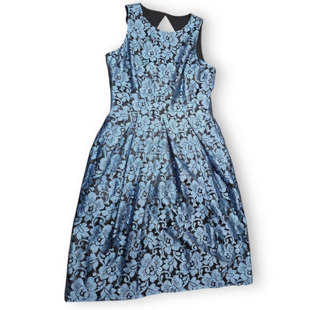 Eliza J Lace Black Blue Floral Cocktail Fit Flare Pleated Mini Dress Size 4 - Picture 6 of 17